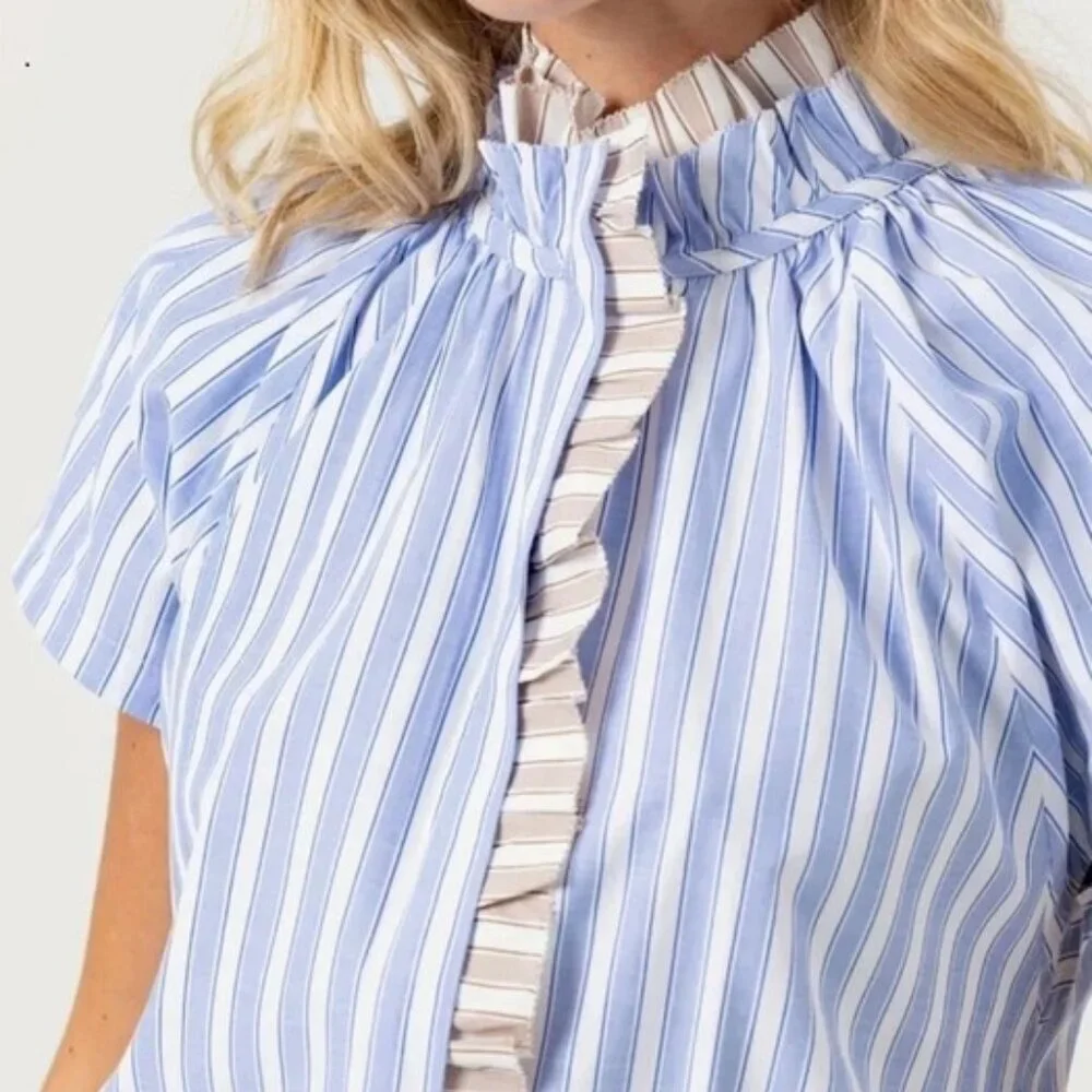 Sundays Leah Blue Italian Stripe Ruffle Button Down Shirt XS Preppy Classic - Picture 2 of 6
